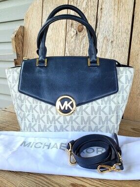 Michael Kors Leather Hudson Large Satchel Navy Blue And White Monogram